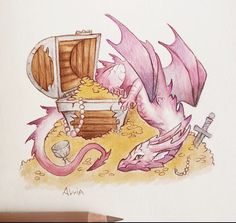 a drawing of a dragon with a chest in the sand