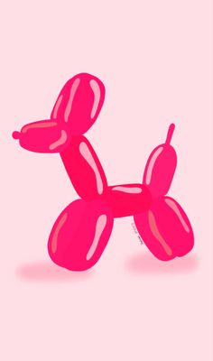 a pink balloon dog sitting on top of a white floor next to a red wall