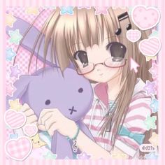 a girl with glasses holding a purple teddy bear