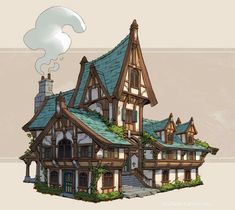 a drawing of a large house with lots of windows and ivy growing on the roof