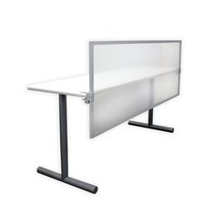 an office desk with a white screen and black metal legs on the top, against a white background