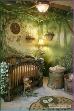 a baby's room decorated in green and white with a tree mural on the wall