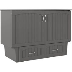 a gray cabinet with two doors and drawers on the bottom, in front of a white background