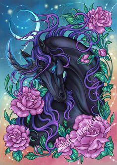 a black horse with purple hair and flowers on it's head is surrounded by roses