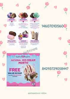 an advertisement for the national ice cream month is shown in pink and blue with hearts around it