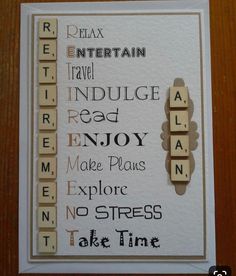 Retirement Scrapbook Ideas, Retirement Card Ideas, Retirement Gift Basket, Diy Scrabble, Scrabble Letter Crafts, Retirement Party Ideas, Teacher Retirement Parties, Scrabble Tile Crafts