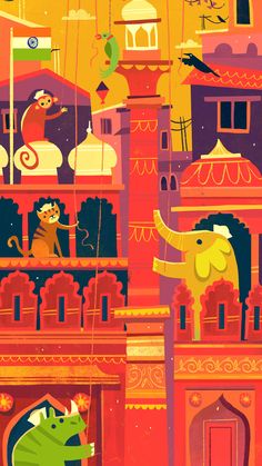 an elephant and other animals are in front of a castle with tall buildings on either side