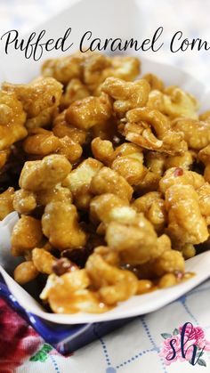 a white plate filled with caramel corn