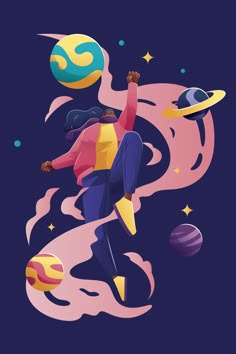 a man flying through the air while riding on top of a skateboard in front of planets