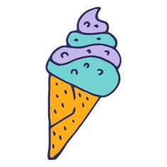 an ice cream cone with blue and purple toppings on top, in a cartoon style