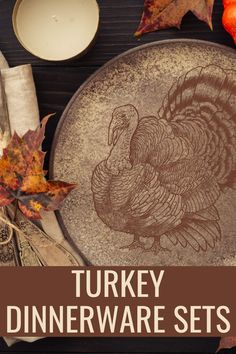 the turkey dinnerware sets are on display with autumn leaves and other fall decor items