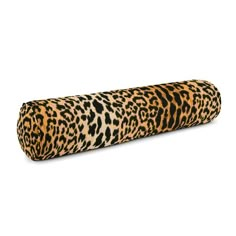 an animal print roll pillow on a white background with the top rolled up to show it's pattern