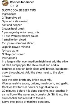 the recipe for slow cooker beef tips is shown in black and white, with text below