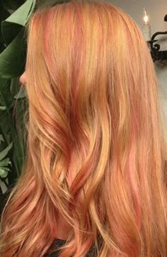 Ginger Hair With Peach Highlights, Chunks Of Color In Hair, Natural Red Hair With Pink, Ginger Hair With Pink, Creamsicle Hair, Ginger Hair With Pink Highlights, Copper And Pink Hair