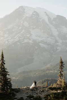 a bride and groom standing on top of a mountain