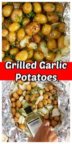 grilled garlic and potatoes on tin foil with text overlay