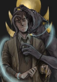 a drawing of a man with a wolf on his shoulder and another person holding something in front of him