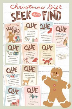 a poster with some words on it that say christmas gifts and find the clue clues