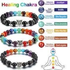 7 Chakra Crystal Stone Bracelet Silver Owl Charms  Yoga Healing Jewelry Unisex  | eBay Crystal Stone Bracelet, High Iron, Magnetic Therapy, Amethyst Healing, Silver Owl, Gemstone Meanings, Bead Bangles, 7 Chakra, Healing Jewelry