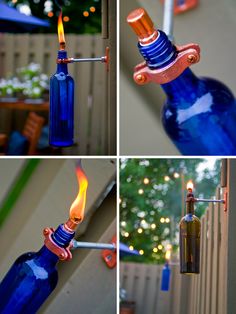 four different shots of blue glass bottles being used as wind chimes, and then turned into a candle holder