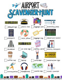 airport scavenger hunt Travel Scavenger Hunt For Kids, Airport Games For Kids, Airport Scavenger Hunt For Kids, Airport Activities For Kids, Travel Crafts For Kids, Plane Activities For Kids, Beach Worksheet, Airplane Activities For Kids