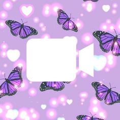 a purple background with lots of butterflies and a white square in the middle that says love