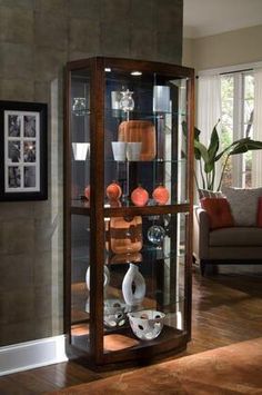 a glass display case in the corner of a living room