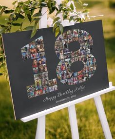 a sign that has photos on it and the number thirteen is surrounded by greenery