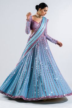 Vvani By Vani Vats | Dull Blue Linear Drop Tier Lehenga | INDIASPOPUP.COM Cloths References, Beautiful Lengha, Tassels Dupatta, Traditional Lehenga, Mirror Work Lehenga, Boutique Designs, Mirror Work Blouse, Outfits Indian