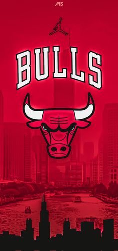 the chicago bulls logo is shown on a red background with city lights and skyscrapers