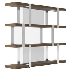 an image of a modern shelving unit with wood and glass shelves on each side