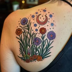 Dynamic Wildflower Tattoo Flash Unique Tattoos Color, Bold Color Tattoo, Celestial Flower Tattoo, Folk Flower Tattoo, 70s Inspired Tattoos, 50s Tattoo, Tattoo Wildflowers, Bright Flower Tattoos, Tattoo Celestial