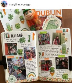 an open book with pictures and words on the pages that include irish symbols, including a doll