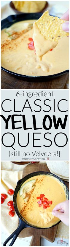 two photos with the words 6 ingredient classic yellow quesadilla on it and an image of someone dipping cheese into them