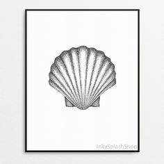 a black and white drawing of a scallop shell