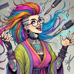 a drawing of a woman with colorful hair and piercings on her face holding scissors