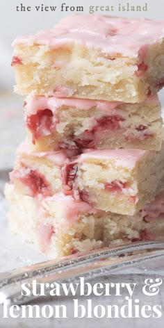 strawberry and lemon blondies are stacked on top of each other