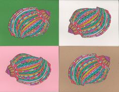 four different colored papers with an image of a woman's head in the center