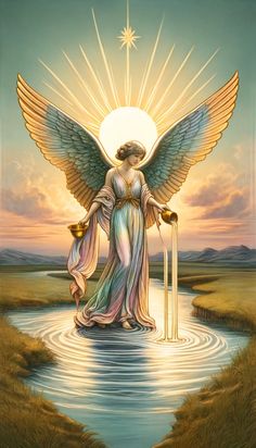 an angel holding a crucifix standing in water with the sun behind it