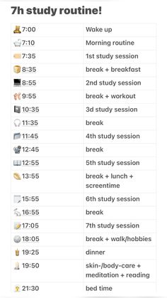 a table that has different types of food and drinks on it with the words, 7h study routine