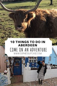 a woman standing in front of an animal with long horns and the words 10 things to do in aberden on come on an adventure