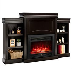 an entertainment center with a fireplace and bookshelves