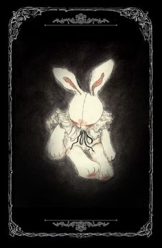 a drawing of a white rabbit in the dark