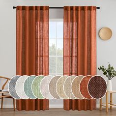 the curtains in this room have different colors and patterns on them, along with an orange curtain