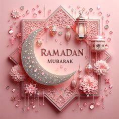 the ramadan mubarak greeting card is decorated with pink flowers and lanterns on a pink background