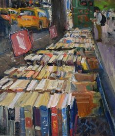 an oil painting of books on a street