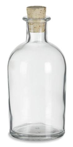 an empty glass bottle with a corked top is shown on a white background,