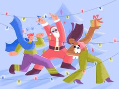 two people dressed as santa claus and an elf are dancing on a string with christmas lights