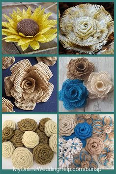 many different pictures of flowers made from burlocks and yarns, with the words my online wedding help