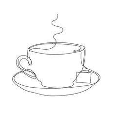 a line drawing of a coffee cup and saucer on a plate with a tea bag